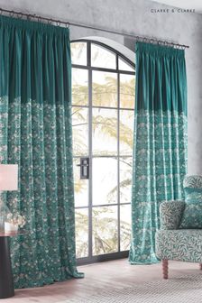 Clarke and Clarke Teal Strawberry Thief Pencil Pleat Curtains