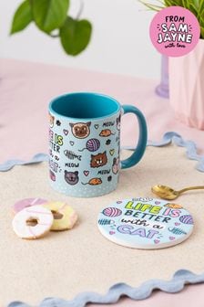 Sam Jayne Designs Blue Life is better with a Cat Mug and Coaster Giftset