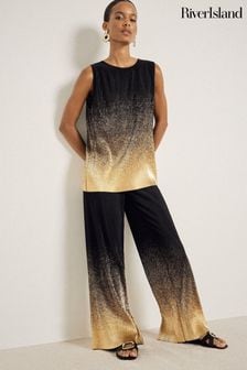 River Island Black Ombre Foil Plisse Trousers