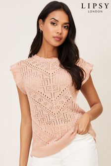 Lipsy Pink Pointelle Knitted Ruffle Tee