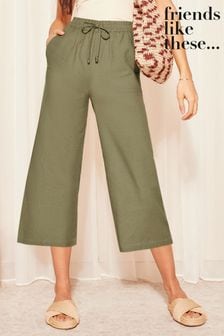 Friends Like These Khaki Green Cropped Wide Leg Culottes With Linen