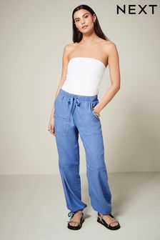 Blue Linen Blend Parachute Trousers