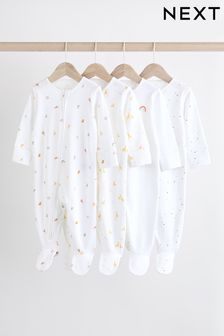 White Bright Character 4 Pack Baby 100% Cotton Sleepsuits (0-2yrs)