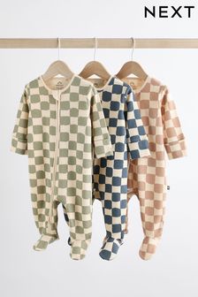 Checkerboard Baby 2 Way Zip 100% Cotton Sleepsuits 3 Pack (0mths-2yrs)