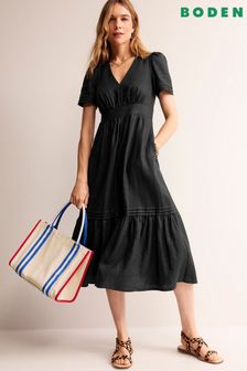 Boden Black Short Sleeve 100% Linen Midi Dress