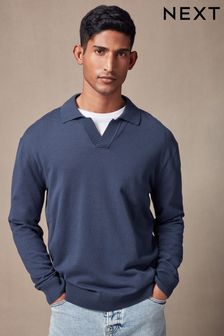 Blue Regular Knitted Long Sleeve Trophy Neck Polo Shirt