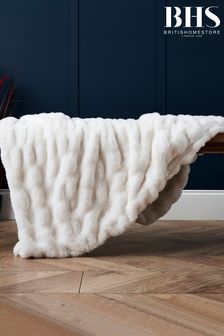 BHS White Ruched Faux Fur Throw