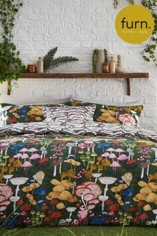 furn. Forest Green Amanita Abstract Mushroom Reversible Duvet Cover and Pillowcase Set