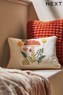 Light Natural Autumn Toadstool Embroidered Cushion