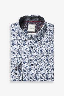 White/Blue Floral Regular Fit Single Cuff Printed Shirt