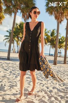Black Linen Mix Button Through Summer Dress
