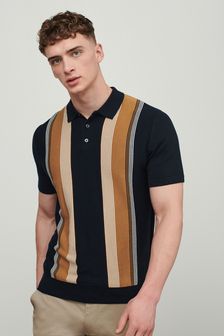 Navy/Tan Vertical Stripe Knitted Polo Shirt