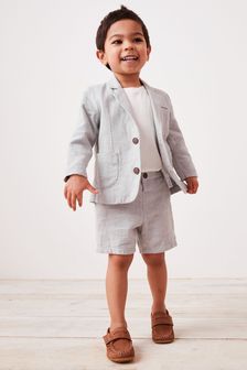 Grey Linen Blend Blazer, Short & T-Shirt Set (3mths-9yrs)