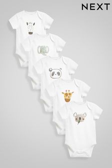 White Safari Character 5 Pack Short Sleeve Baby Bodysuits (0mths-3yrs)
