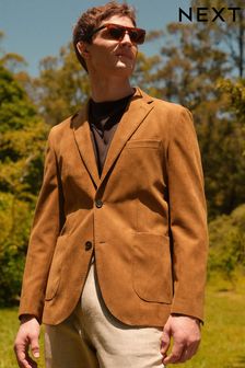 Tan Brown Slim Fit Faux Suede Blazer