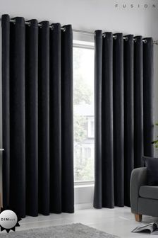 Fusion Black Strata Dim out woven Eyelet Curtains