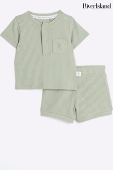 River Island Green Baby Boys Rib T-Shirt and Shorts Set