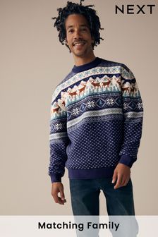 Brown/Navy Blue Stag Knitted Regular Fit Christmas Jumper