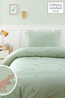 Catherine Lansfield Green Embroidered Dinosaur Duvet Cover Set