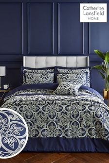 Catherine Lansfield Blue Navy Flock Trellis Duvet Cover Set