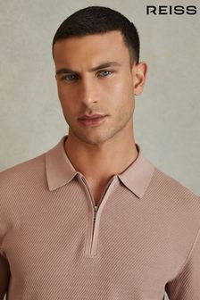 Reiss Soft Pink Ivor Textured Half-Zip Polo Shirt