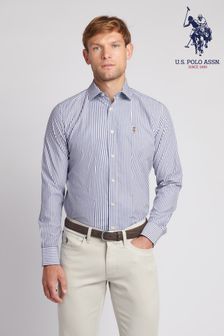 U.S. Polo Assn Blue Mens Blue 100% Cotton Long Sleeve Poplin Bengal Stripe Shirt