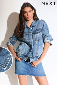 Mid Blue Studded Oversized Denim Trucker 100% Cotton Jacket