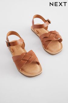 Tan Brown Standard Fit (F) Leather Woven Sandals