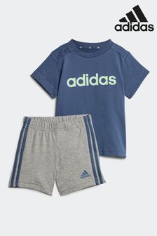 adidas Blue/Grey Sportswear Essentials Lineage Organic Cotton T-Shirt And Shorts Set