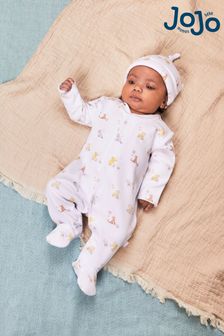 JoJo Maman Bébé Cream Winnie The Pooh Print Sleepsuit & Hat Set