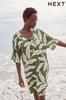 Green/White Oversized Cover Up Kaftan With Linen