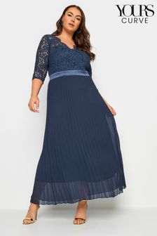 Yours Curve Blue Lace Wrap Pleated Maxi Dress