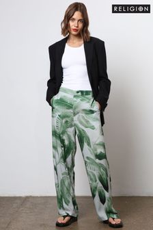 Religion Green Wide Leg Trousers in Botanic Print in Crepe