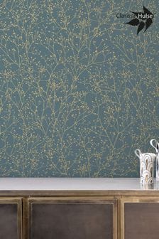 Clarissa Hulse Airforce Blue Soft Gold Gypsophila 10M Wallpaper