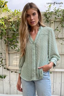 Love & Roses Sage Green Regular Dobby Frill Neck Lace Trim Blouse
