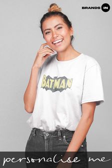 Brands In Batman Retro Shield Fade Distress Women White Boyfriend Fit T-Shirt