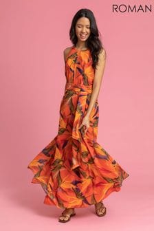 Roman Orange Floral Print Tie Waist Maxi Dress