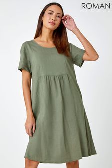 Roman Green Relaxed Cotton/Linen Blend Pocket Dress