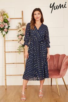 Yumi Blue Foil Printed Pleated Wrap Midi Dress