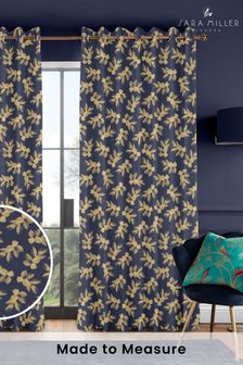 Sara Miller Deep Navy Blue Etched Leaves Made to Measure 100% Cotton Curtains