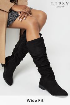 Lipsy Black Wide FIt Ruched Flat Knee Boot