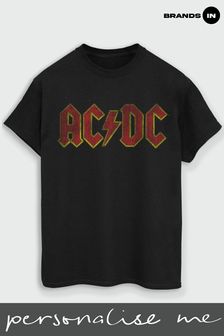 Brands In Black ACDC Yellow Outline Red Logo Distressed Mens Black T-Shirt