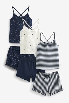 Navy Blue/White 3 Pack Short Cami Pyjamas (3-16yrs)