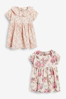 Pink and White Floral 2 Pack Short Sleeved Floral Baby Dresses (0mths-3yrs)
