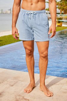 Blue/White Seersucker Vertical Stripe Swim Shorts