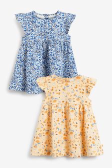 Blue/Yellow Ditsy Floral 2 Pack Short Sleeved Floral Baby Dresses (0mths-3yrs)