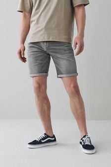 Grey Mid Wash Straight Fit Denim Shorts