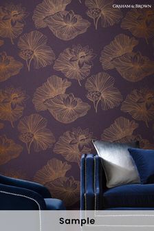 Graham & Brown Plum Purple Lotus Floral Wallpaper Sample Wallpaper