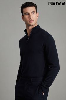 Reiss Navy Blackhall Merino Wool Half-Zip Funnel Neck Jumper