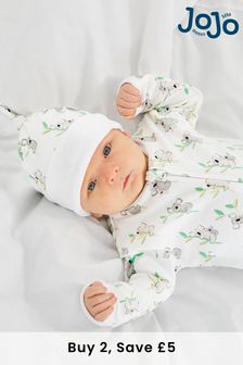 JoJo Maman Bébé White Koala Print Zip Cotton Baby Sleepsuit